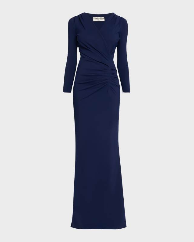 Ruched 3/4-Sleeve Column Gown